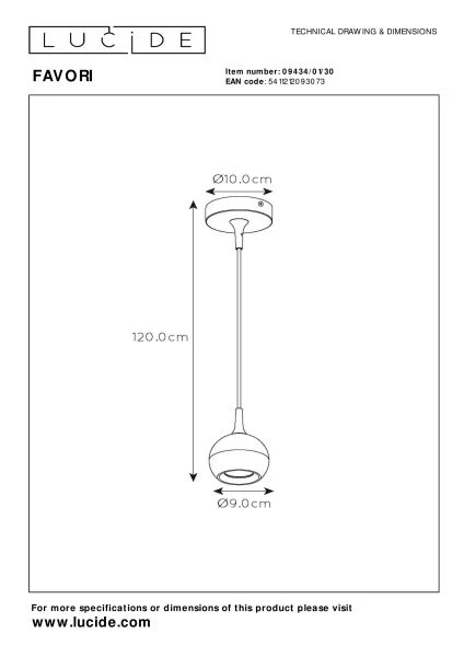 Lucide FAVORI - Suspension - Ø 9 cm - 1xGU10 - Noir - technique